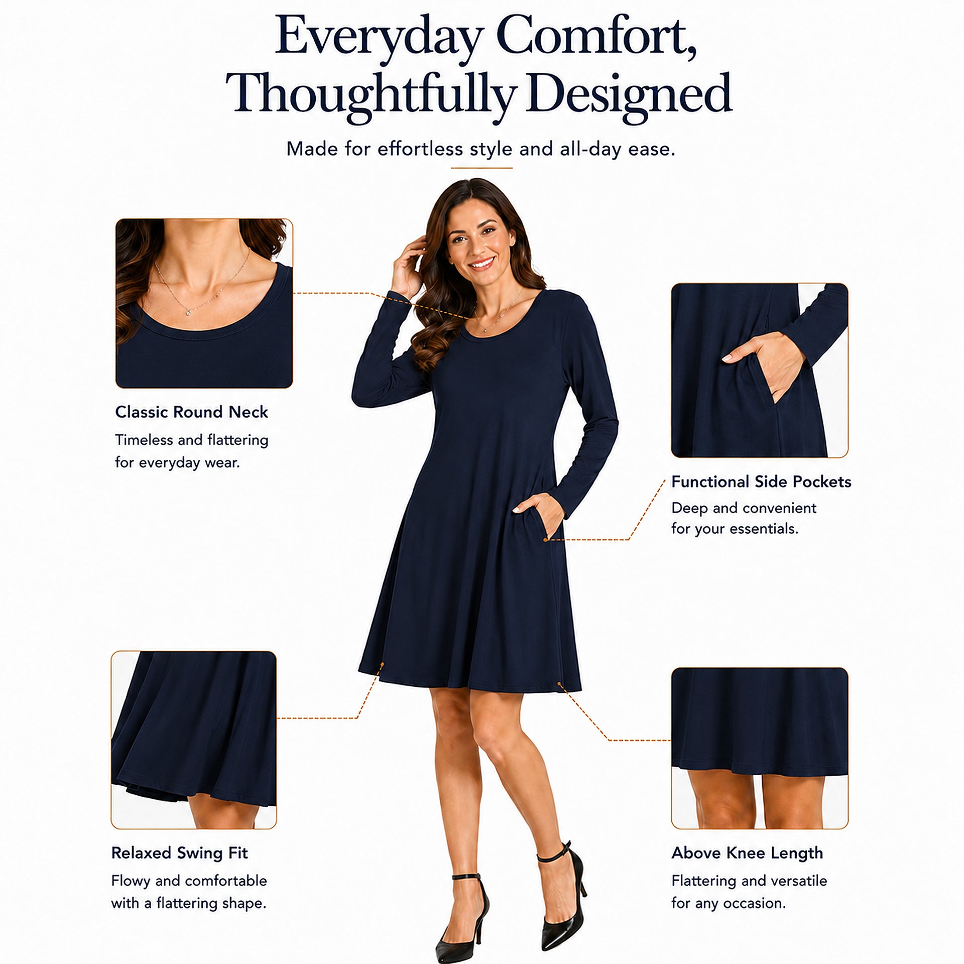 long sleeve t-shirt dress with pockets beige available in 5 colors S to 2XL