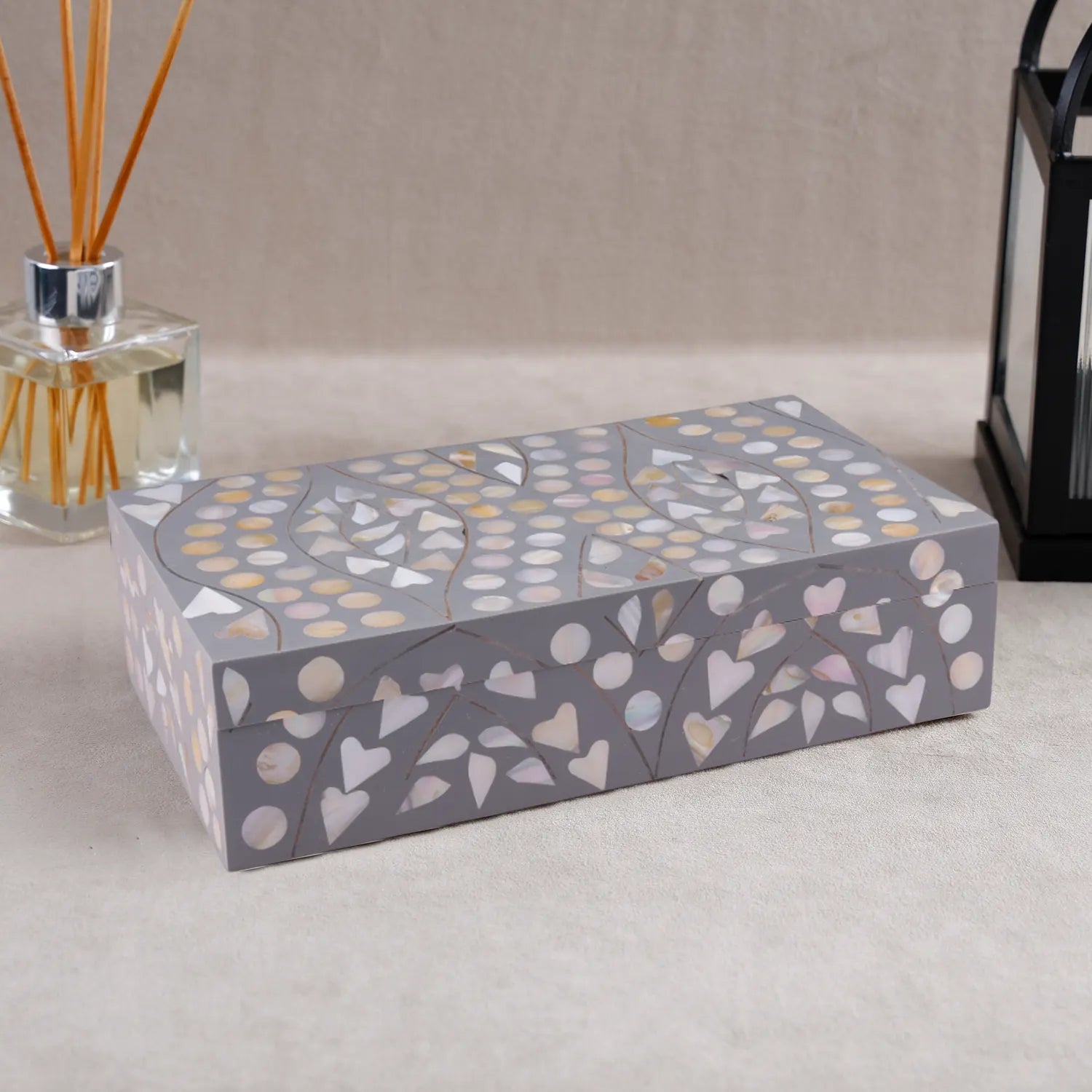 Decorative Storage Box Polka Prism Collection Mother of Pearl & Resin Inlay Grey – 10x6"