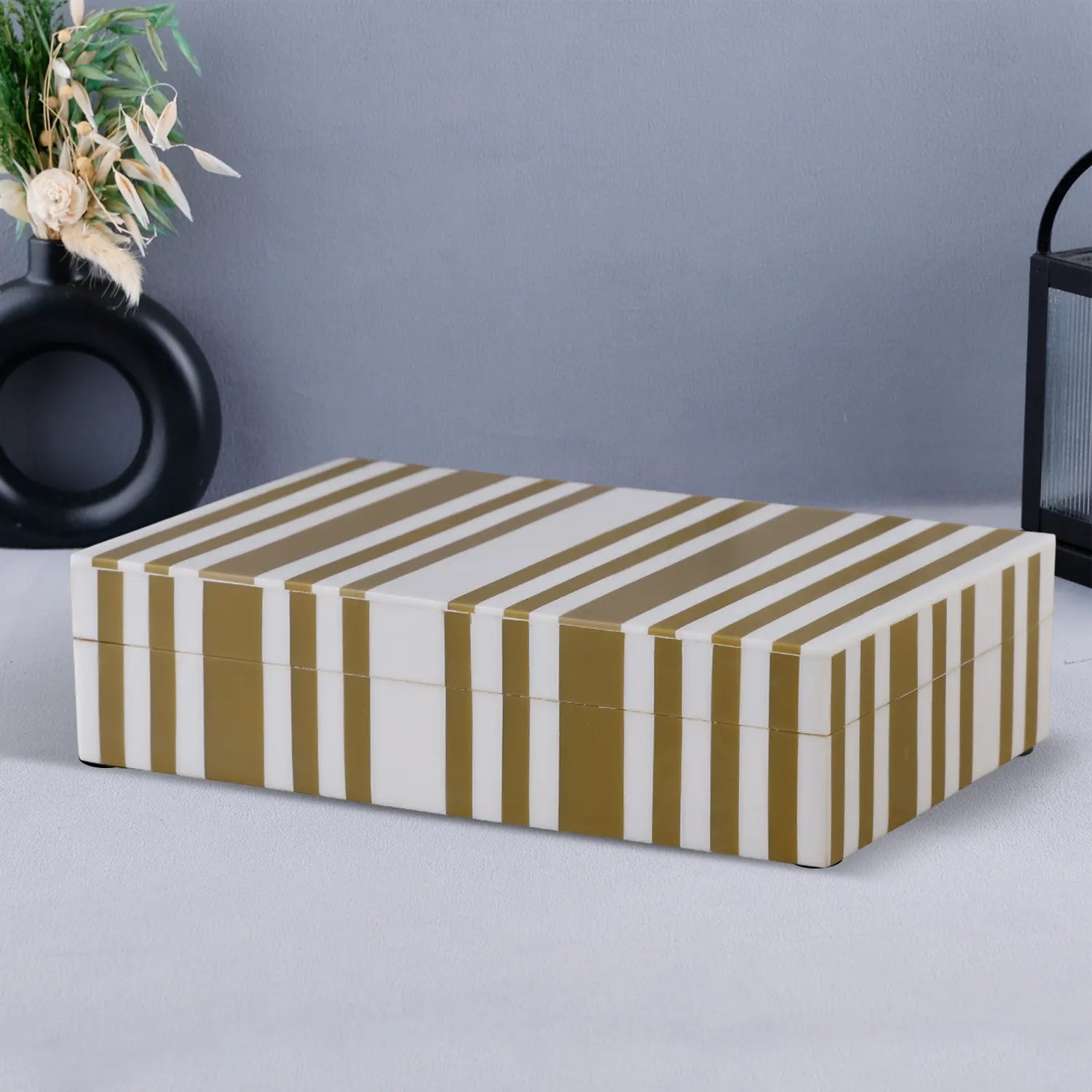 Ivory Stripped Gold White Decorative Box Resin inlay, 8"x5"x2"