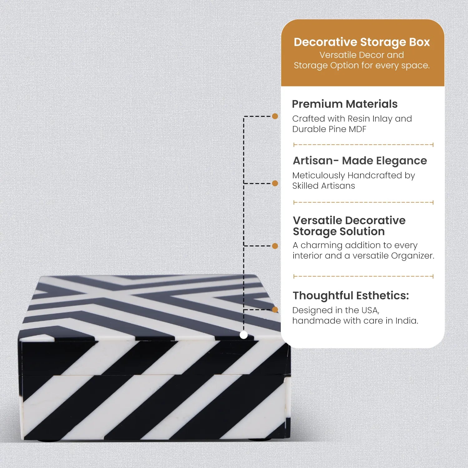 Decorative Storage Box Zebra Cross Pattern Resin inlay, Black White