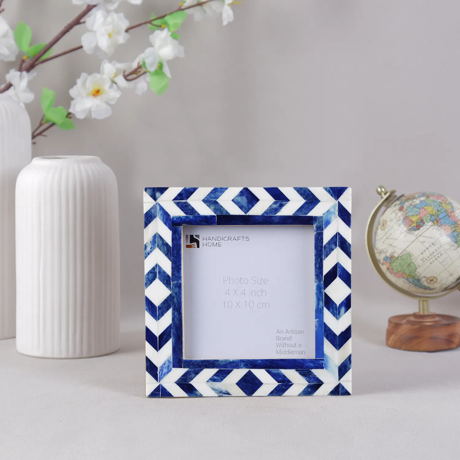 Square Baby Picture Frames Taj Pattern Collection bone Inlay - Blue, 4" x 4"