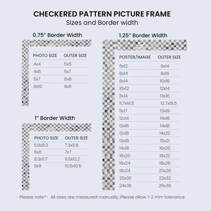 Size Chart for Poster Frame Checkered Grey White Bone Inlay, 3 Sizes