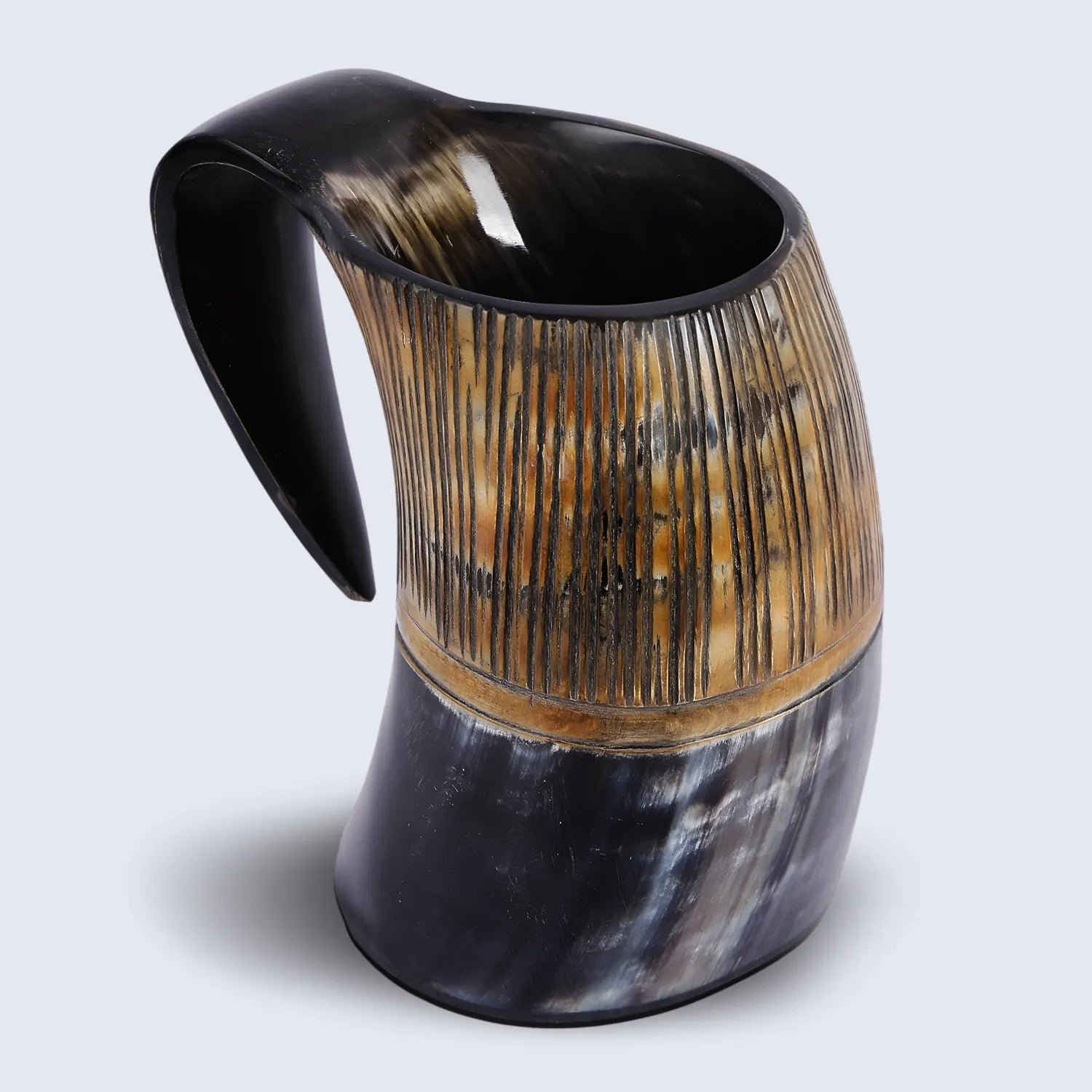 Horn Mug Striped Pattern Natural Ox Horn Drinking Cup Holds Up to 24-27 oz