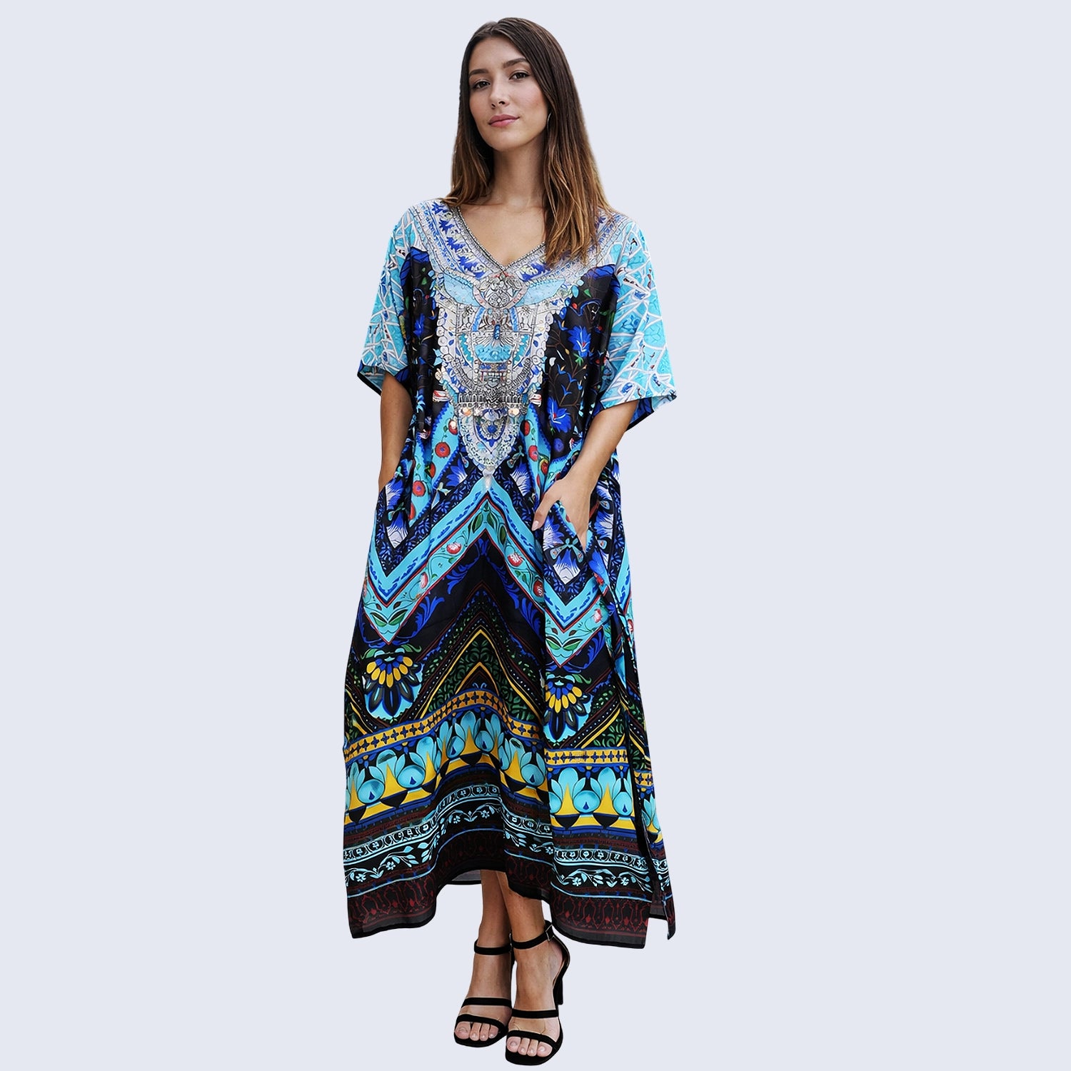 Floral Print Polyester Kaftan Dress with V Neck & Side Slits