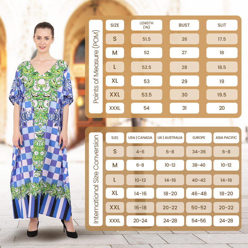 Size Chart for Floral Print Polyester Kaftan Dress with V Neck & Side Slits