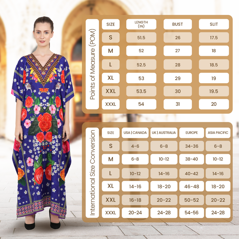 Size Chart for Floral Print Polyester Kaftan Dress with V Neck & Side Slits