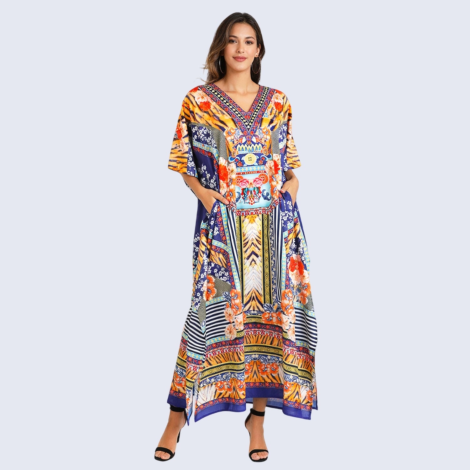 Floral Print Polyester Kaftan Dress with V Neck & Side Slits
