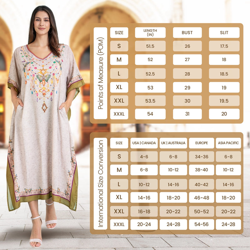 Size Chart for Ethnic Print Polyester Kaftan Dress with V Neck, Pockets & Side Slits