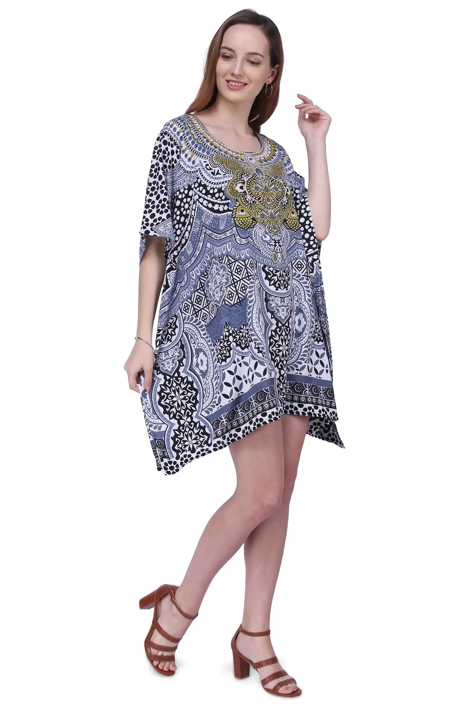 Short Ethnic Print Polyester Kaftan Dress with V Neck & Pockets