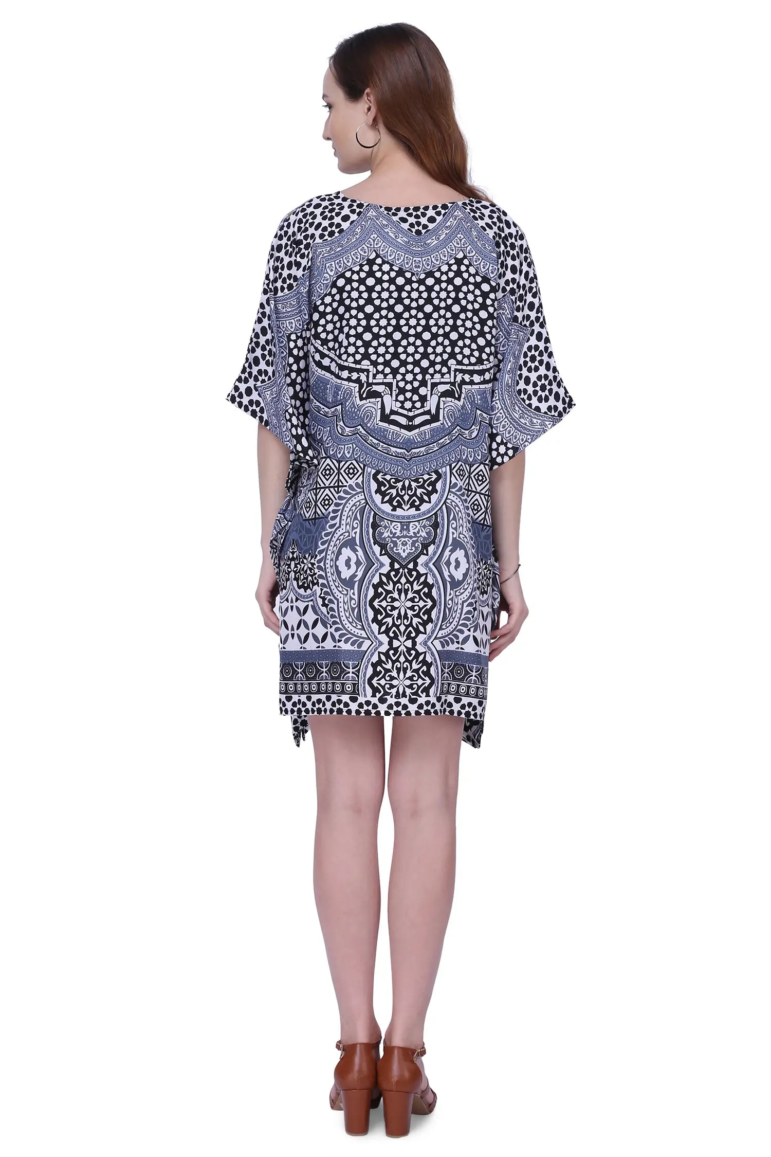 Short Ethnic Print Polyester Kaftan Dress with V Neck & Pockets