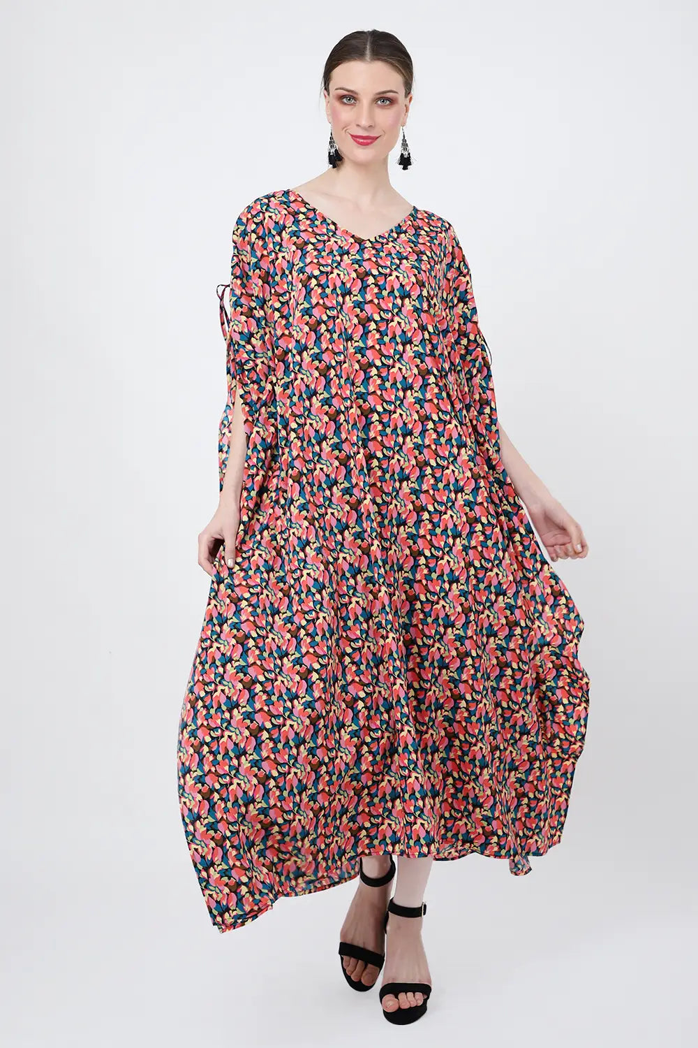 Floral Poly Crepe Kaftan Dress with Pockets – Midi/Maxi Resort Style