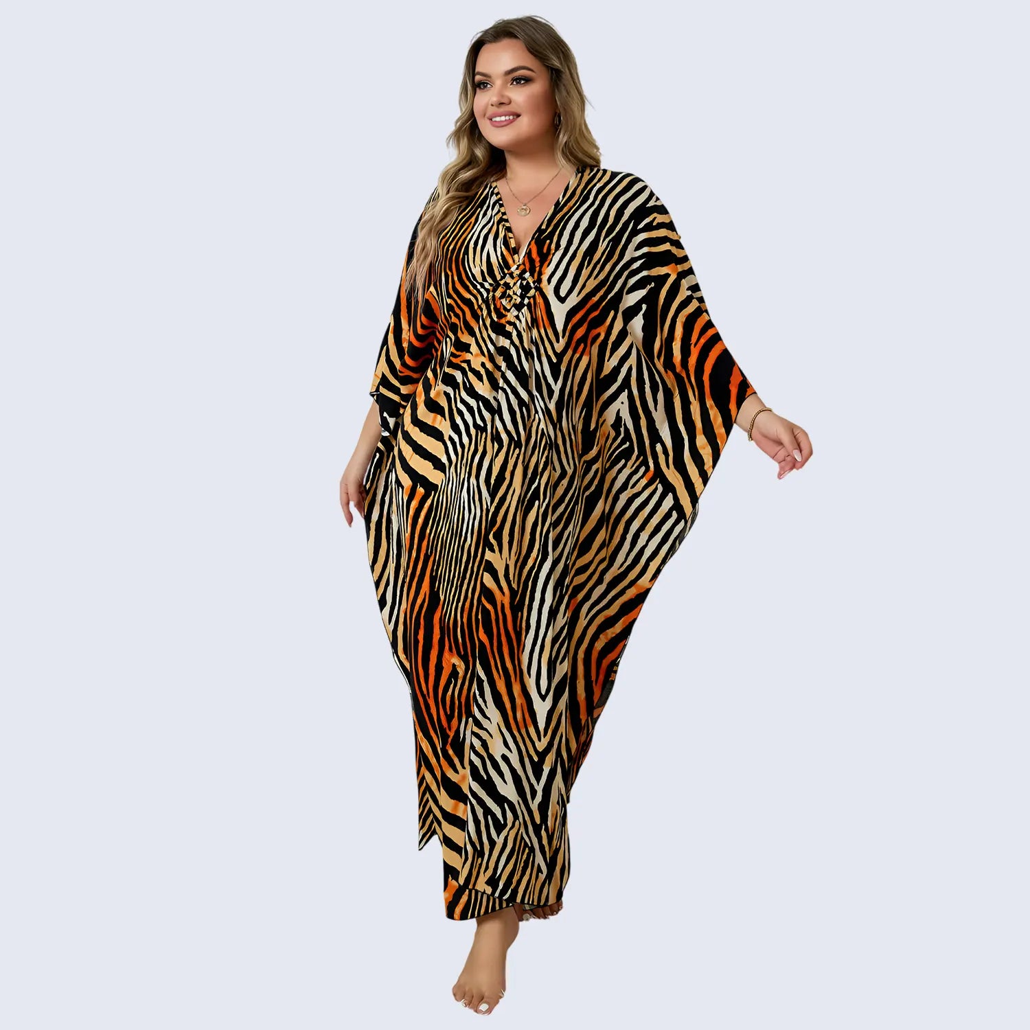 Kaftan Summer Dresses, Tassel Strings Waist,Orange, One Size
