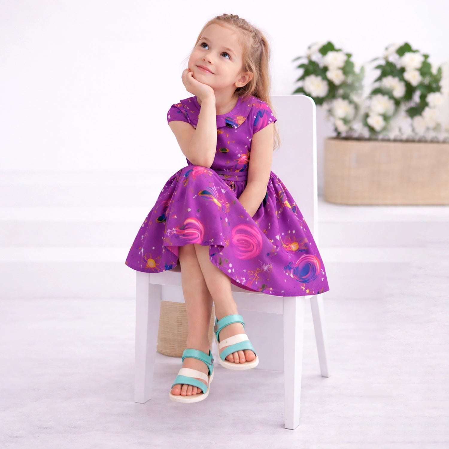 Girls Kids Vintage Style Peter Pan Collar Dresses Galaxy Print - Available in 3 Colors