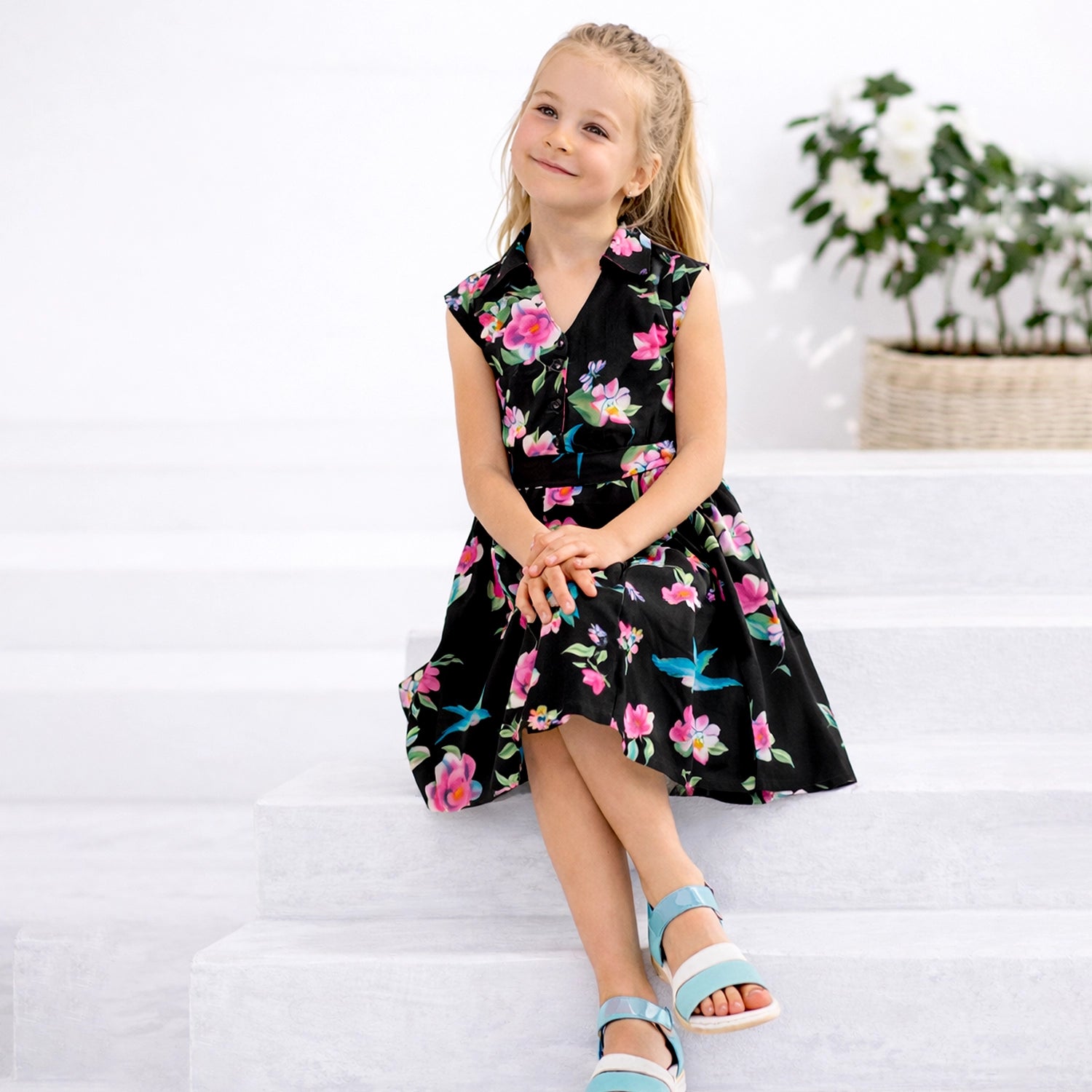 Girls Kids Vintage Style Collared Button down Dresses Floral Print - Available in 3 Colors