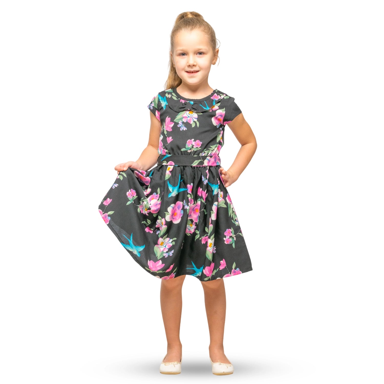 Girls Kids Vintage Style Peter Pan Collar Dresses Floral Black Print - Available in 3 Colors