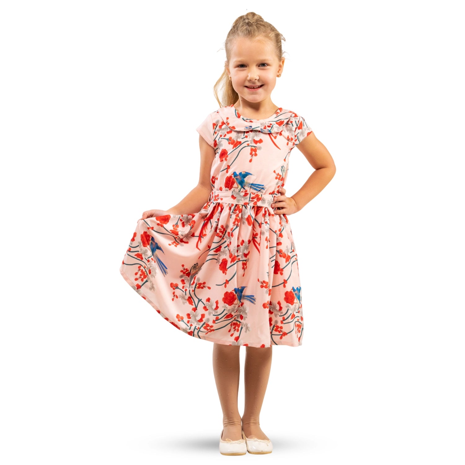 Girls Kids Vintage Style Peter Pan Collar Dresses Bird Print - Available in 3 Colors