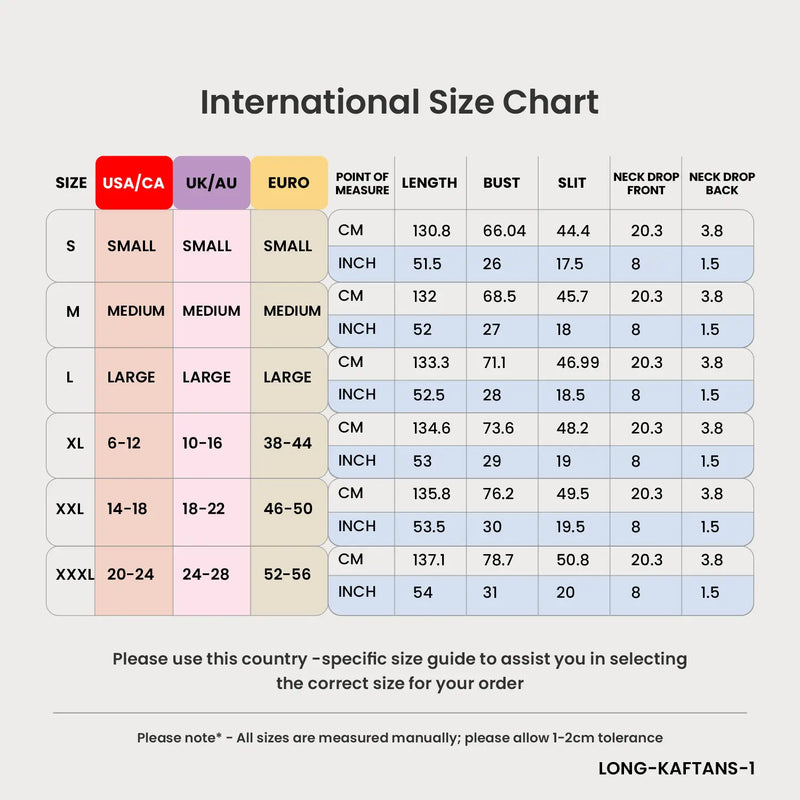 Size Chart for kaftan summer dresses split neckline multicolor stripes S to 3XL