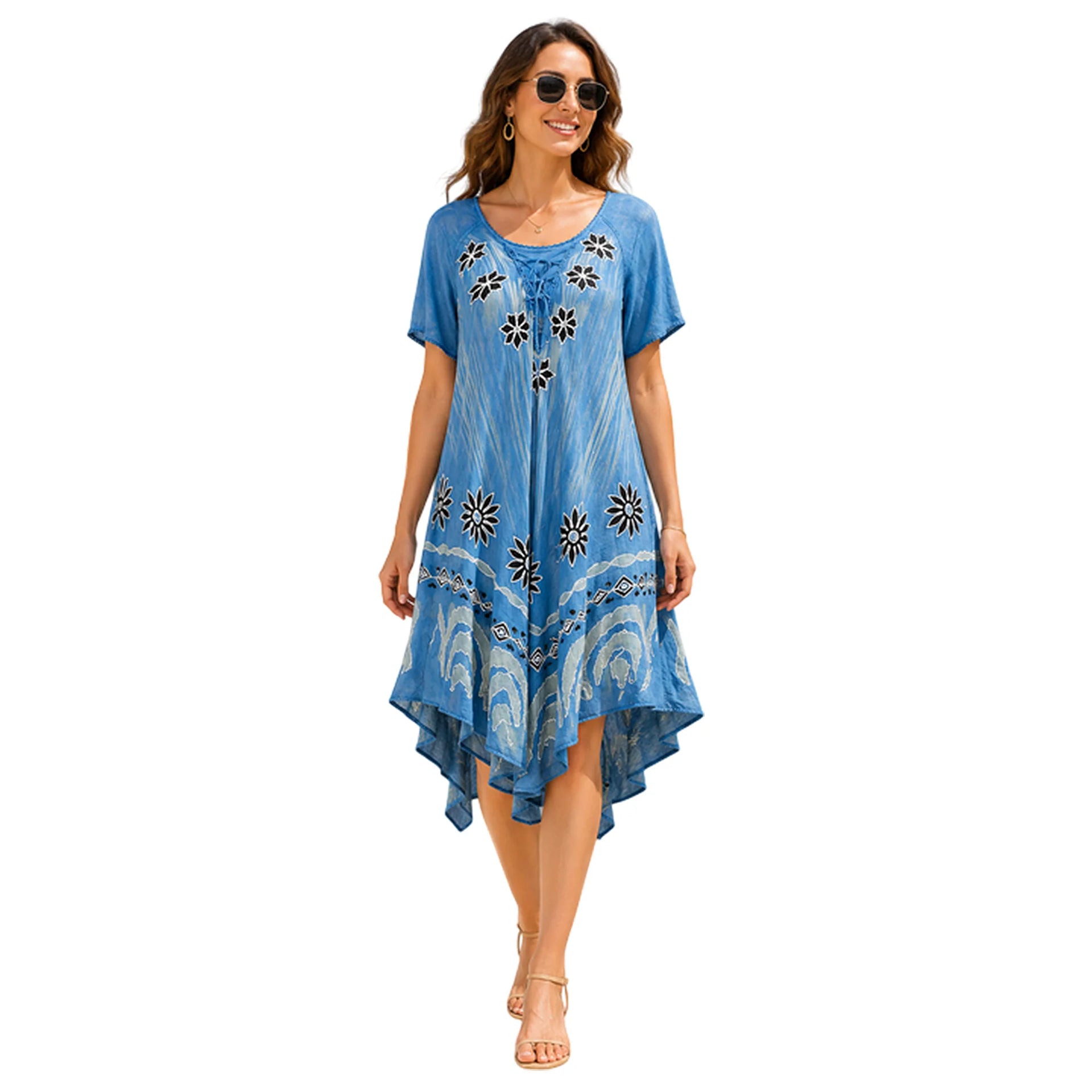 Women's Blue Floral Handkerchief Hem Resort Dress Free Size