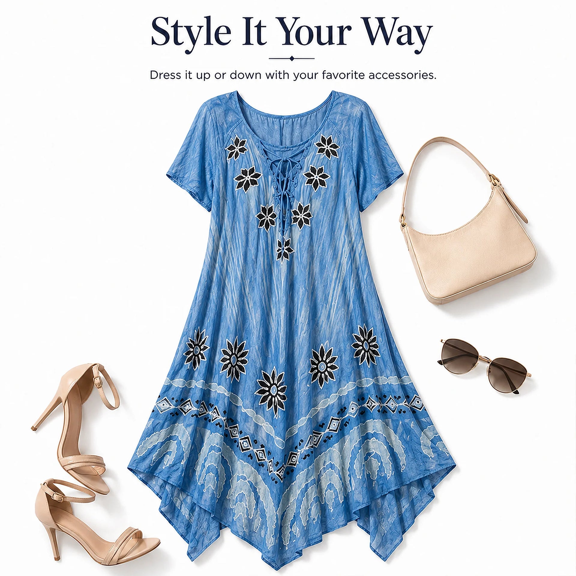 Women's Blue Floral Handkerchief Hem Resort Dress Free Size