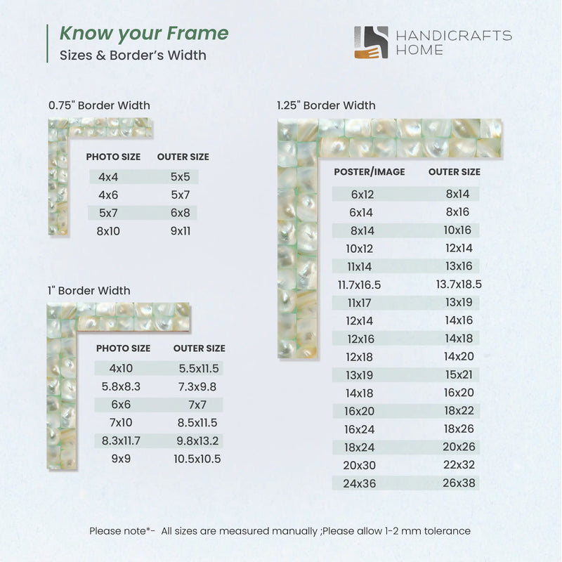 Size Chart for Baby Picture Frame Mother of Pearl Collection Mother of Pearl Green 4x4