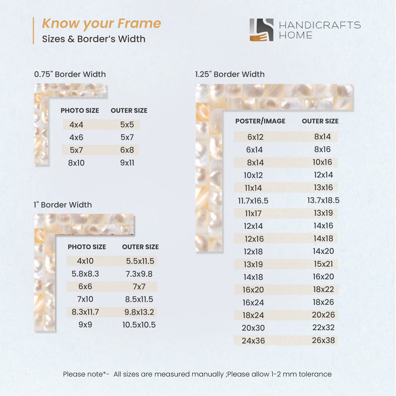 Size Chart for Baby Picture Frame Mother of Pearl Collection Mother of Pearl White 4x4