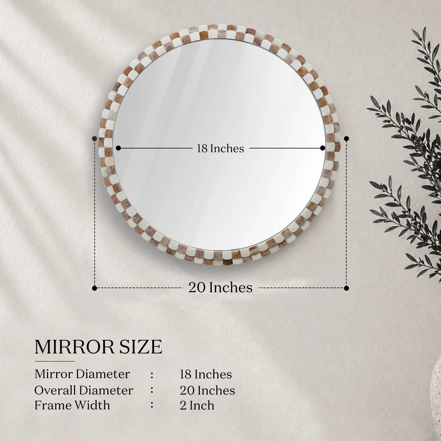 Round Scalloped Bone Inlay Mirror Frame, Brown & White, 18” x 18”