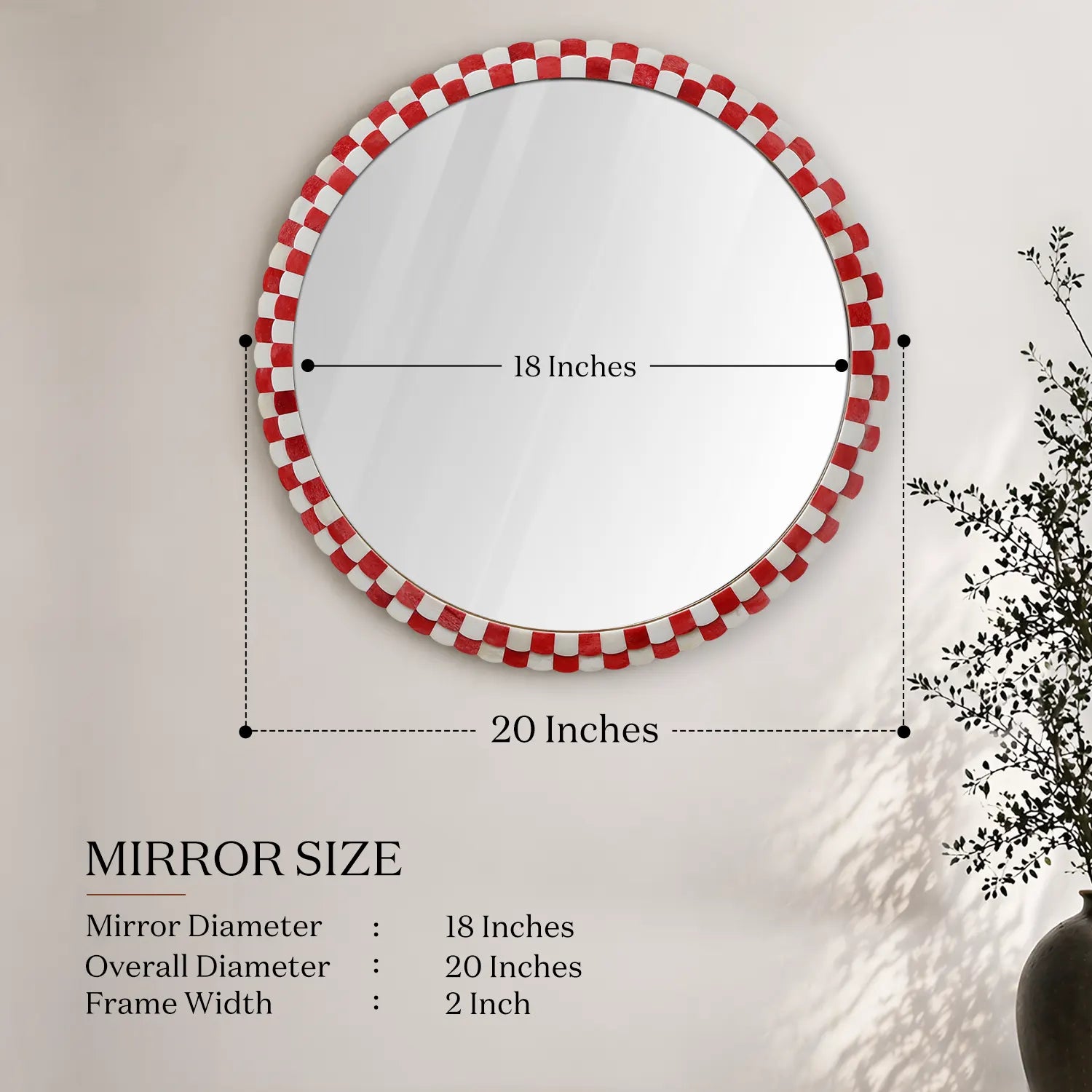 Round Scalloped Bone Inlay Mirror Frame, Red & White, 18” x 18”