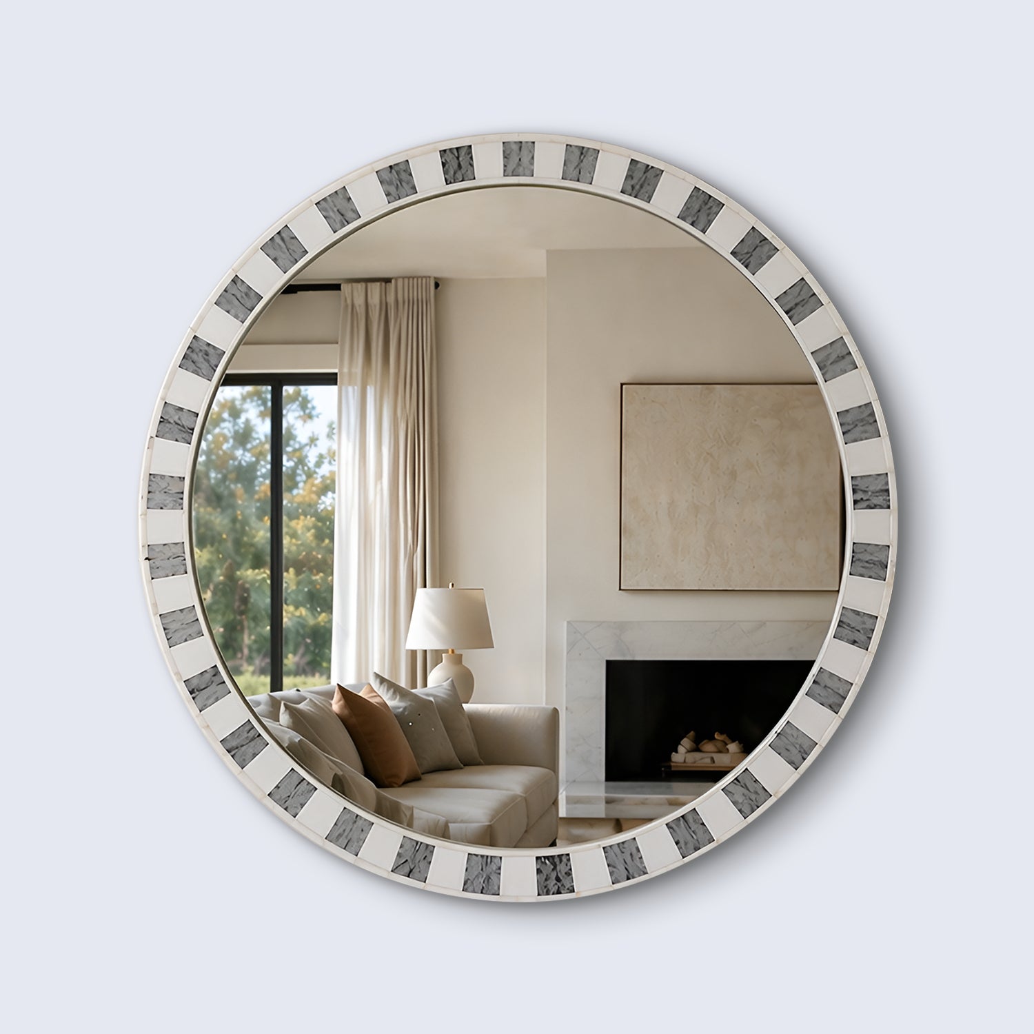 Round Bone Inlay Mirror 24 Inch Grey Accent Frame