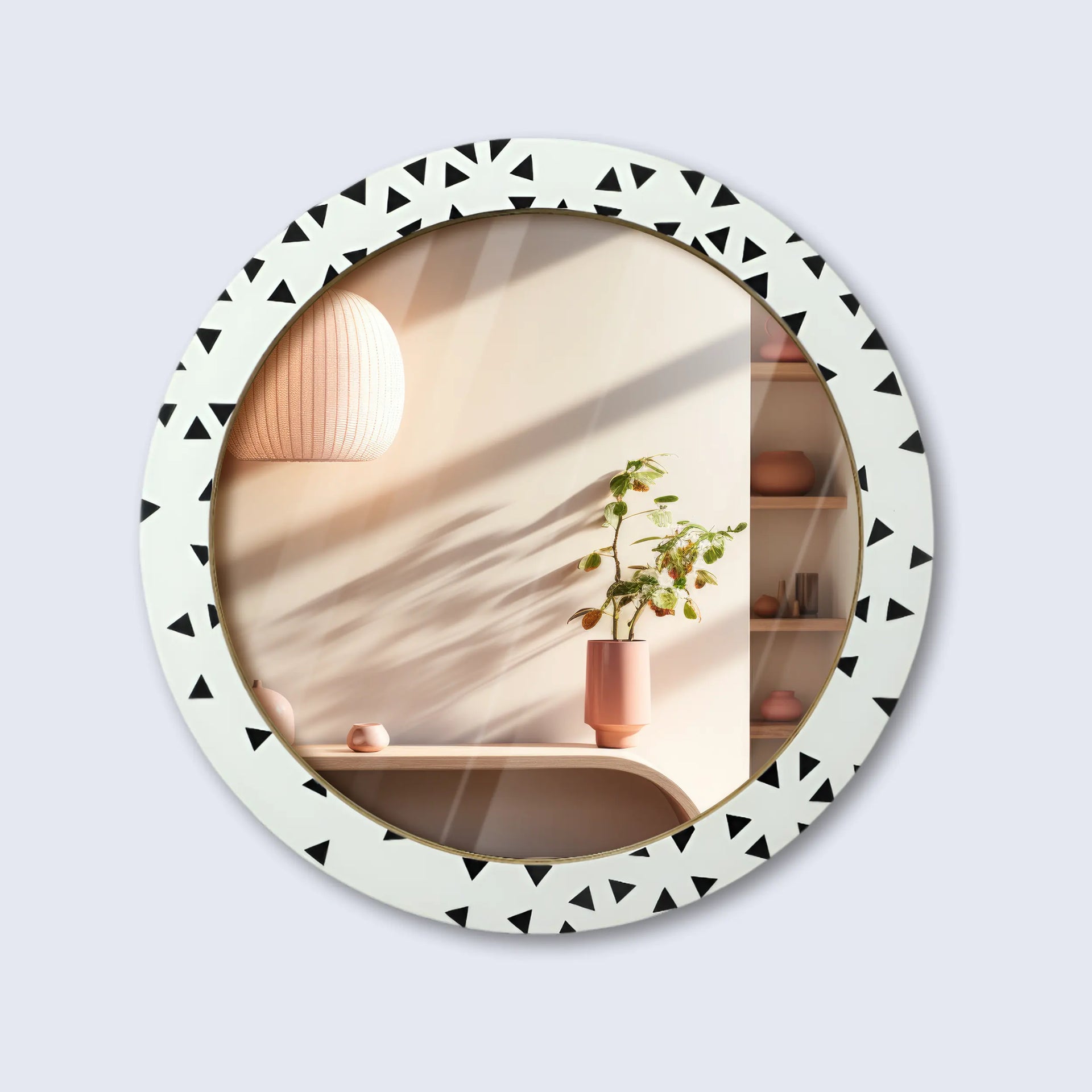 Round Black& white Geometric Triangle Pattern Wall Hanging Mirror Frame, 24" Dia