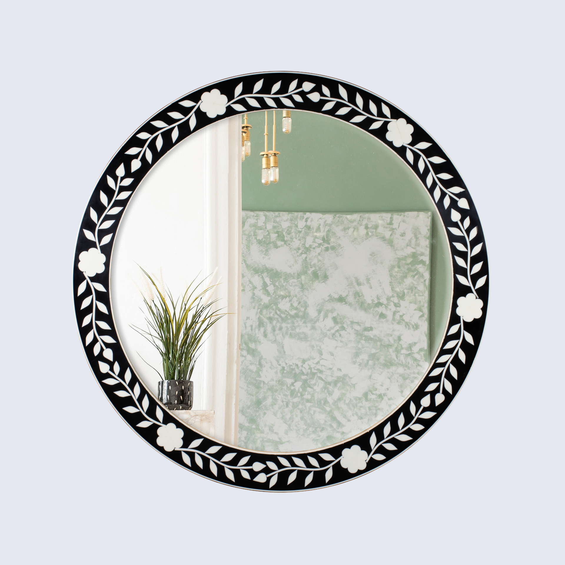 Round Wall Mirror Chaucer Queen Collection Bone Inlay, White & Black Floral, 28"x 28"