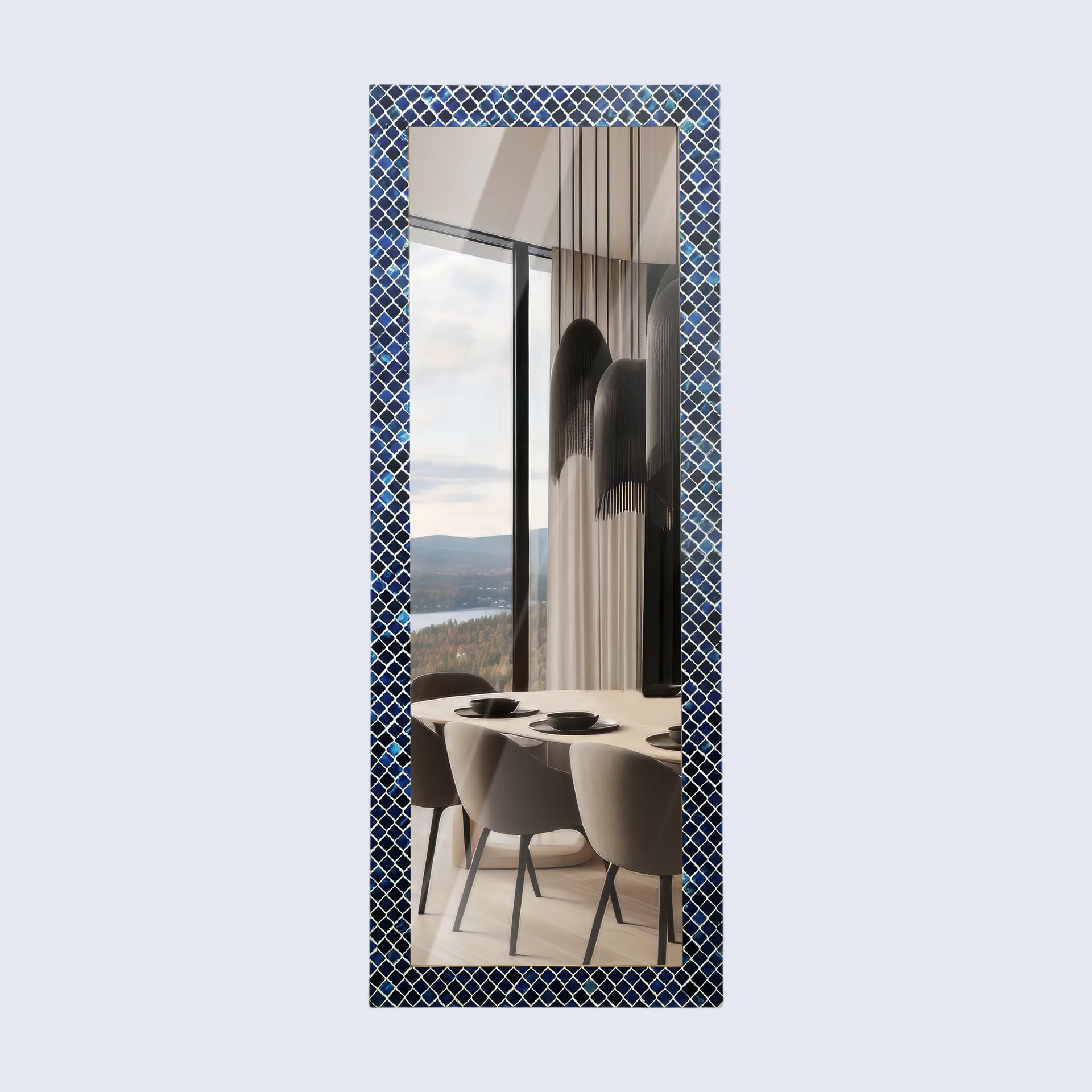 make to order blue white moroccan pattern rectangular mirror with bone resin inlay collection 60x22 inches