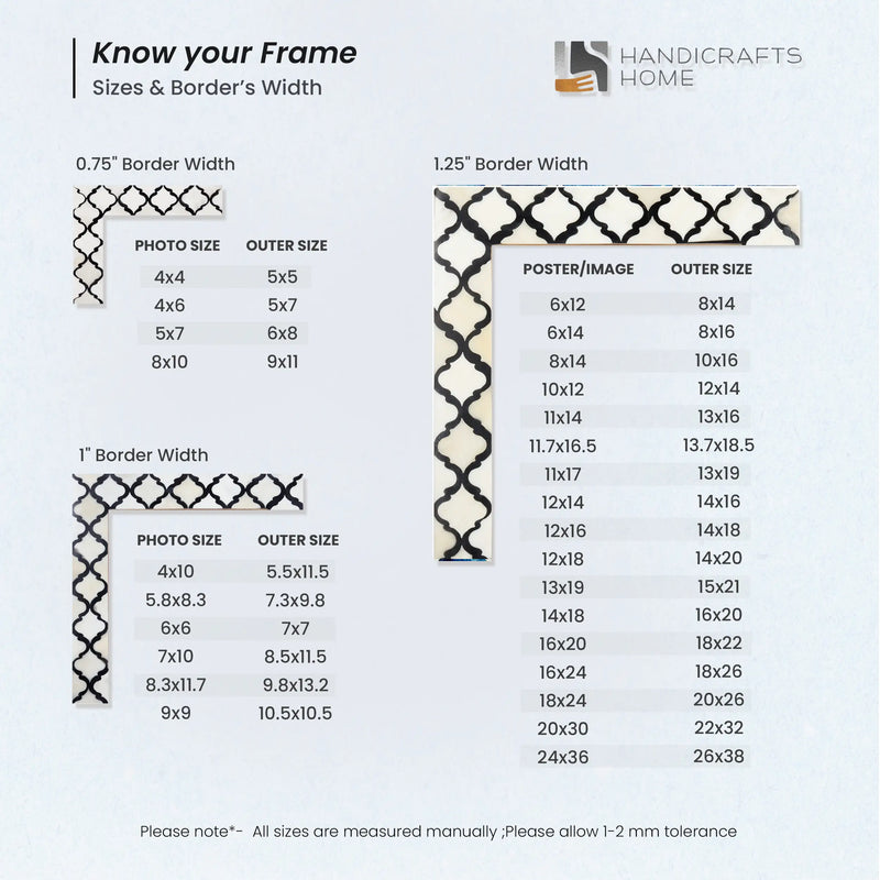Size Chart for Poster Frames Moroccan Collection Bone & Resin Inlay, Black, 9 Sizes