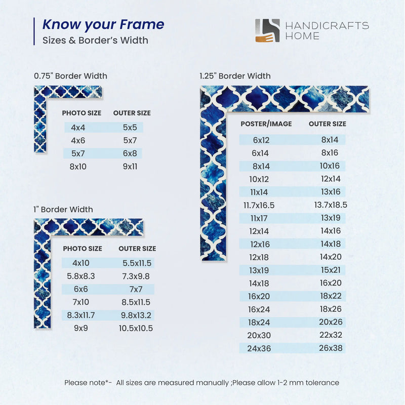 Size Chart for Poster Frames Moroccan Pattern Bone & Resin Inlay collection, Blue, 19 Sizes