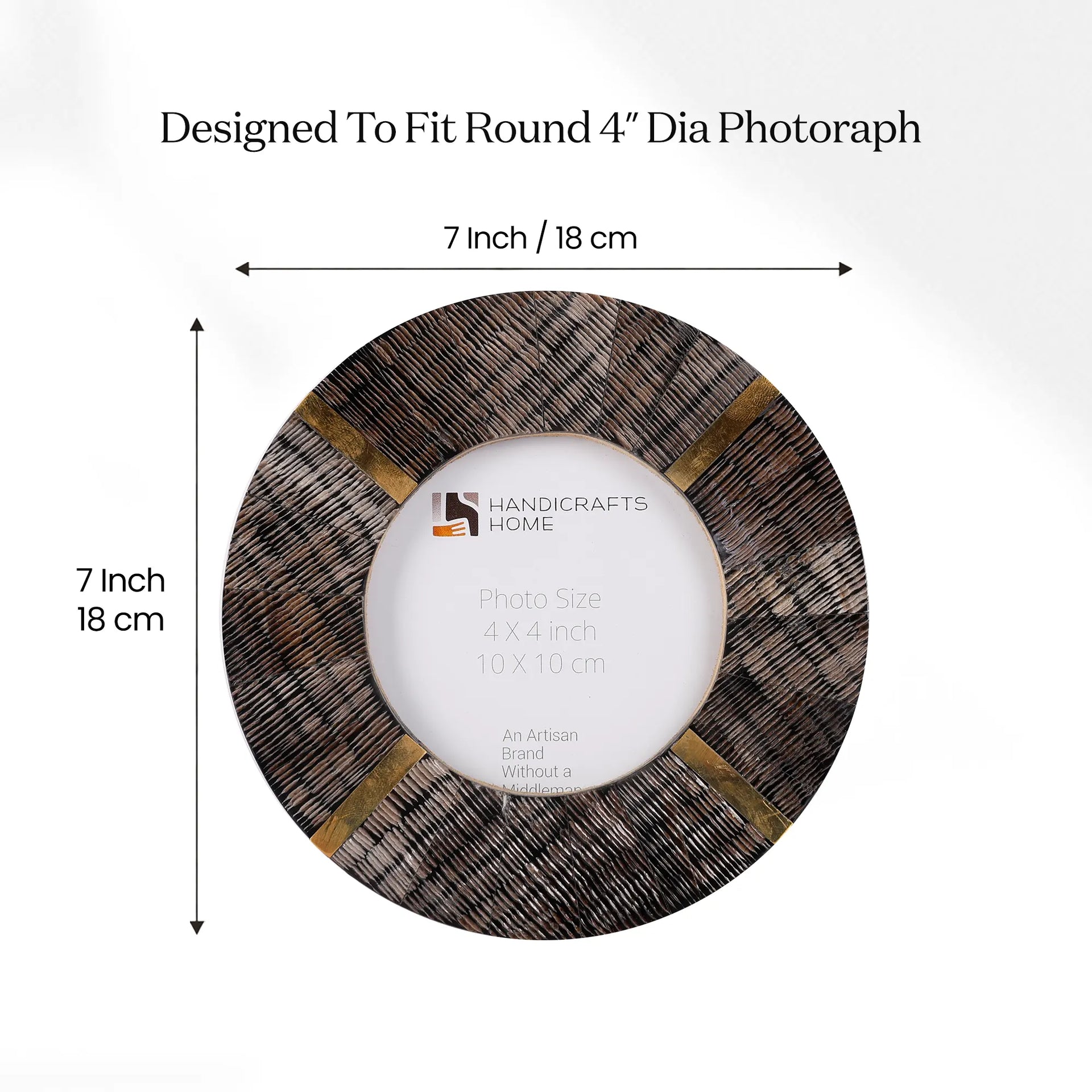 Picture Frames Round Shaped Classic Horn & Brass Inlay, 4" x 4"