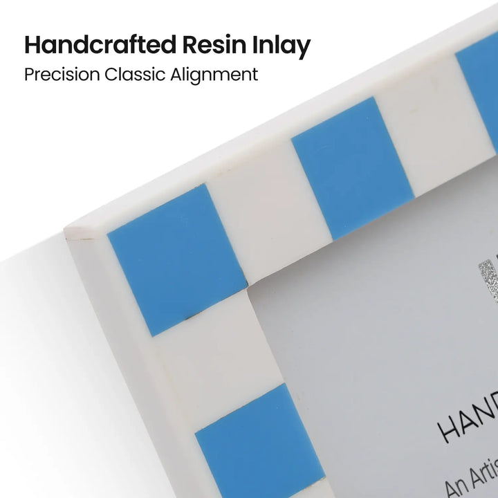 Handmade Checkered Picture Frame - Turq & White Resin Inlay - 4x4 4x6 5x7 8x10, for tabletop or wall display
