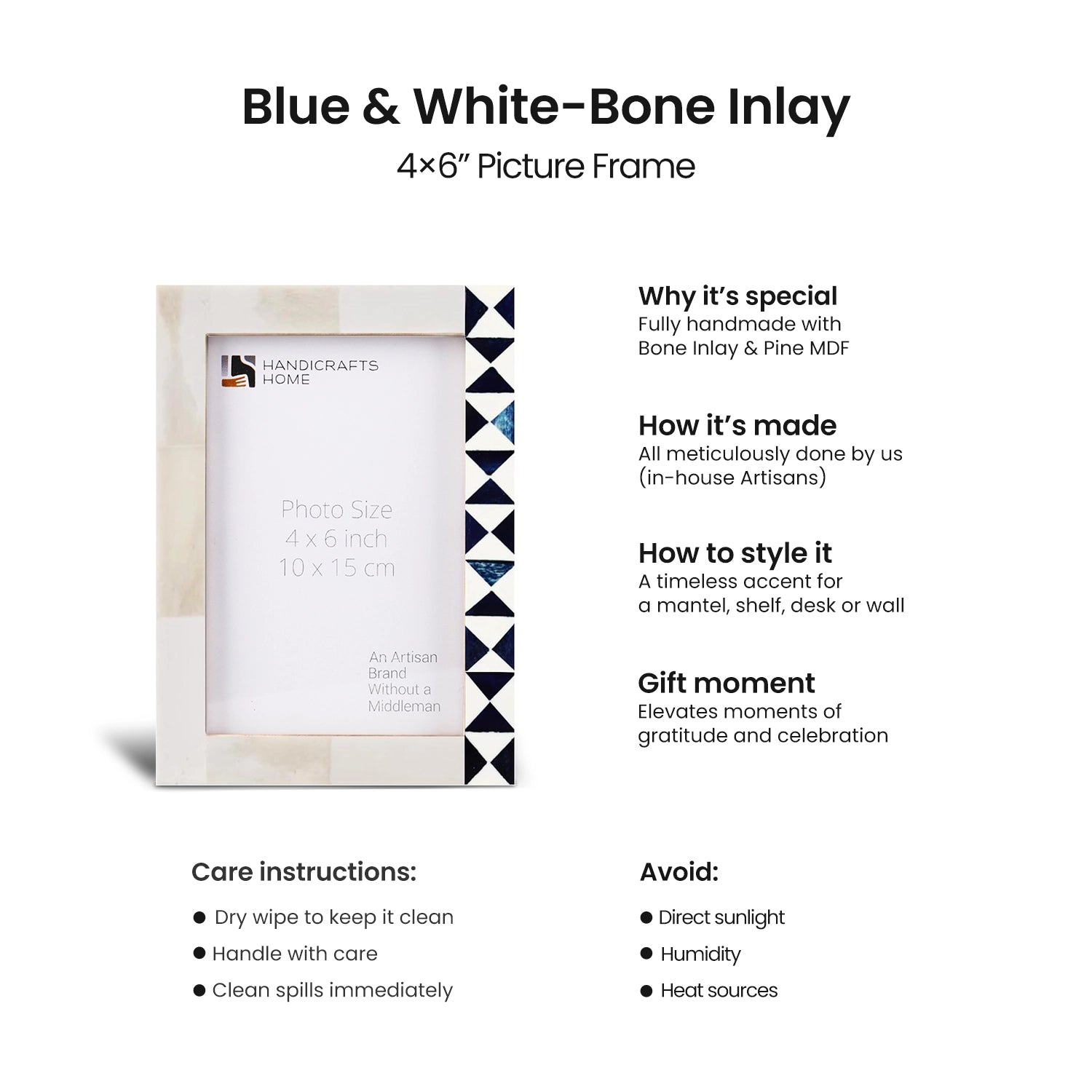 Picture Frame Indigo Mosaic Collection Bone Inlay White & Blue – 4x6 & 5x7"