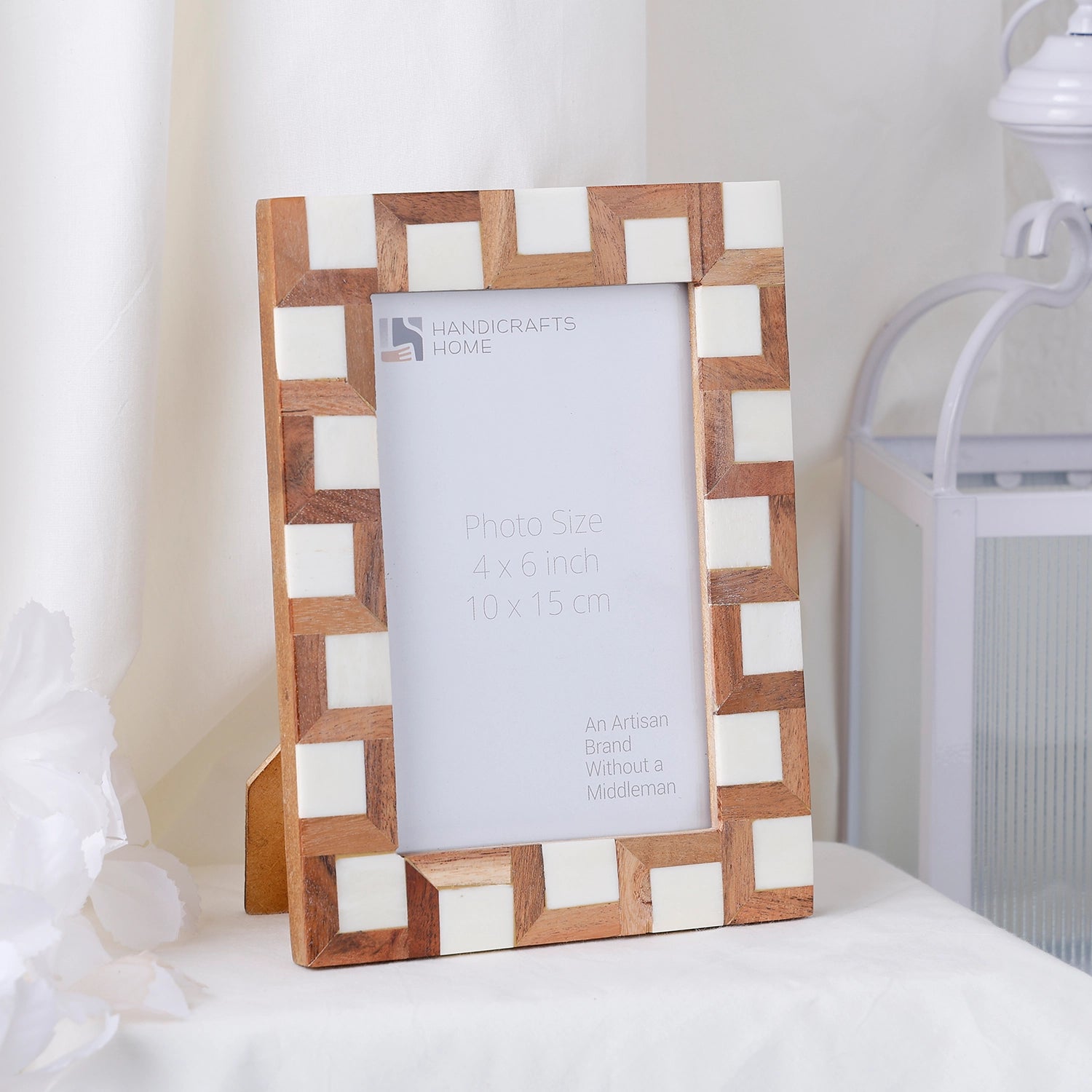 Brown White Wood & Bone Inlay Interlock Photo Frame, 2 Sizes