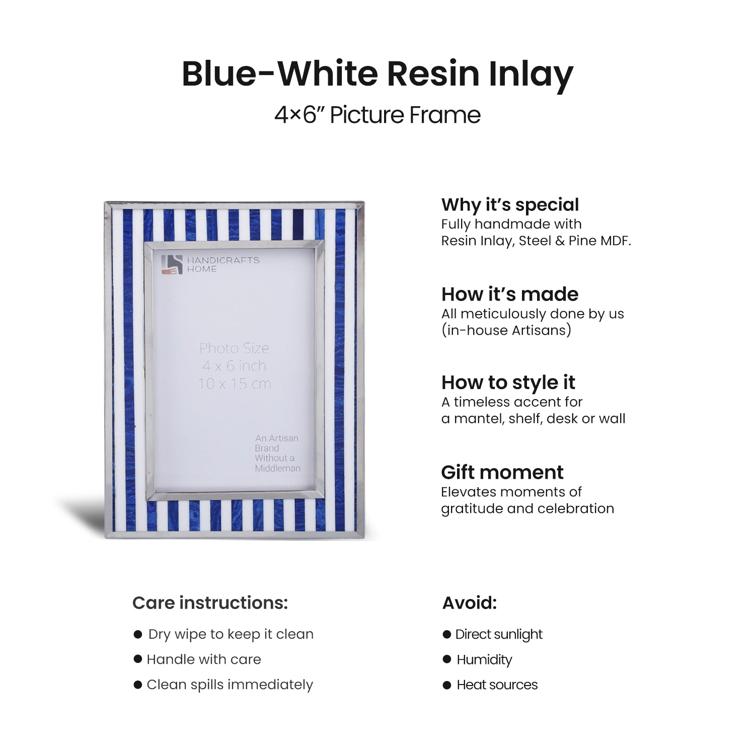 Picture Frame Camelot Knight Collection Resin & Stainless Steel Border Blue & White – 4x6"
