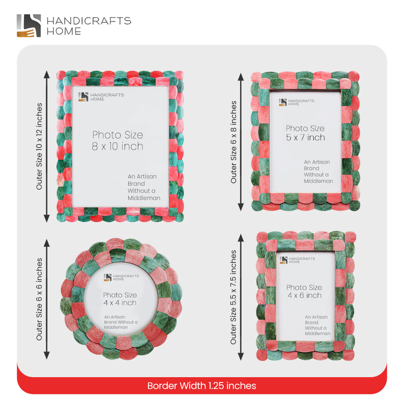 Size Chart for Baby Round Picture Frame Scalloped Collection Bone Inlay Green Red 4x4
