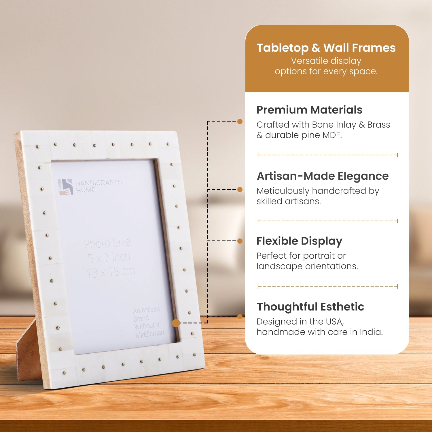 Picture Frame Noor Stud Pattern Collection Bone & Brass Inlay White & Gold – 4x6 & 5x7"
