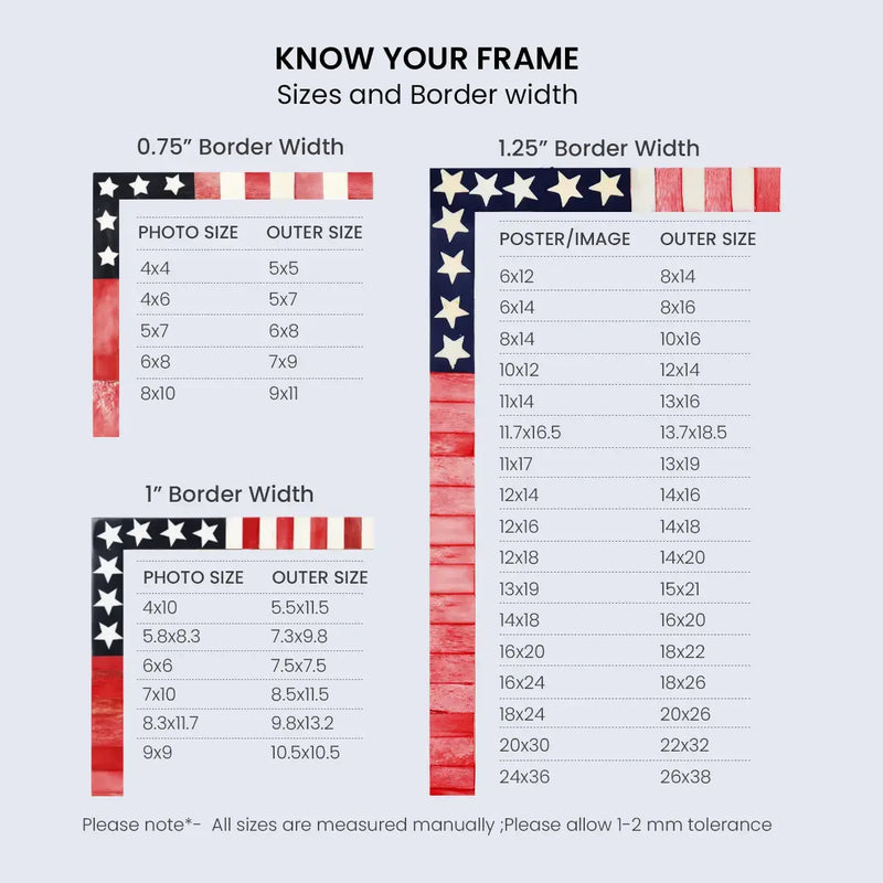 Size Chart for US Flag Bone Inlay Picture Frames Americana Patriotic Decor