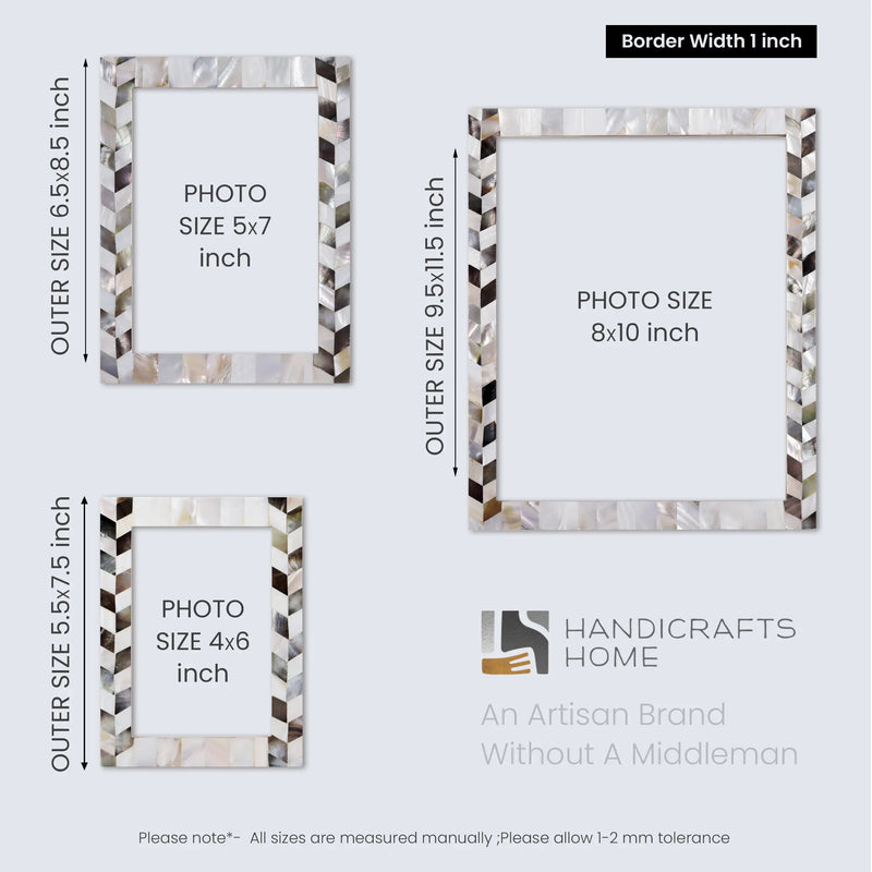 Size Chart for Picture Frames Pearlescent Barley Collection Mother of Pearl White 3 Sizes