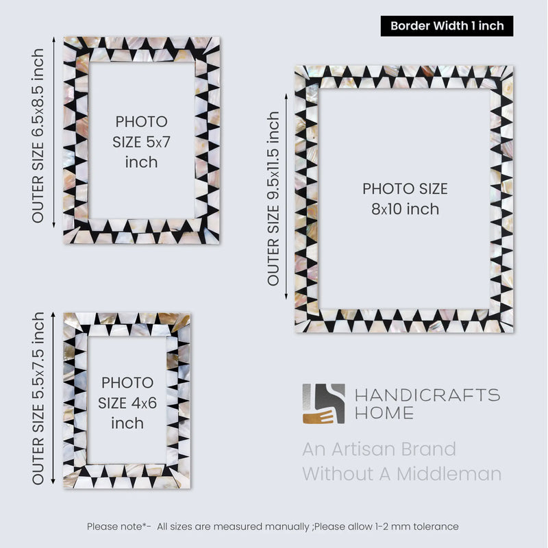 Size Chart for Picture Frames Pearlescent Flash Collection Mother of Pearl Resin White 3 Sizes