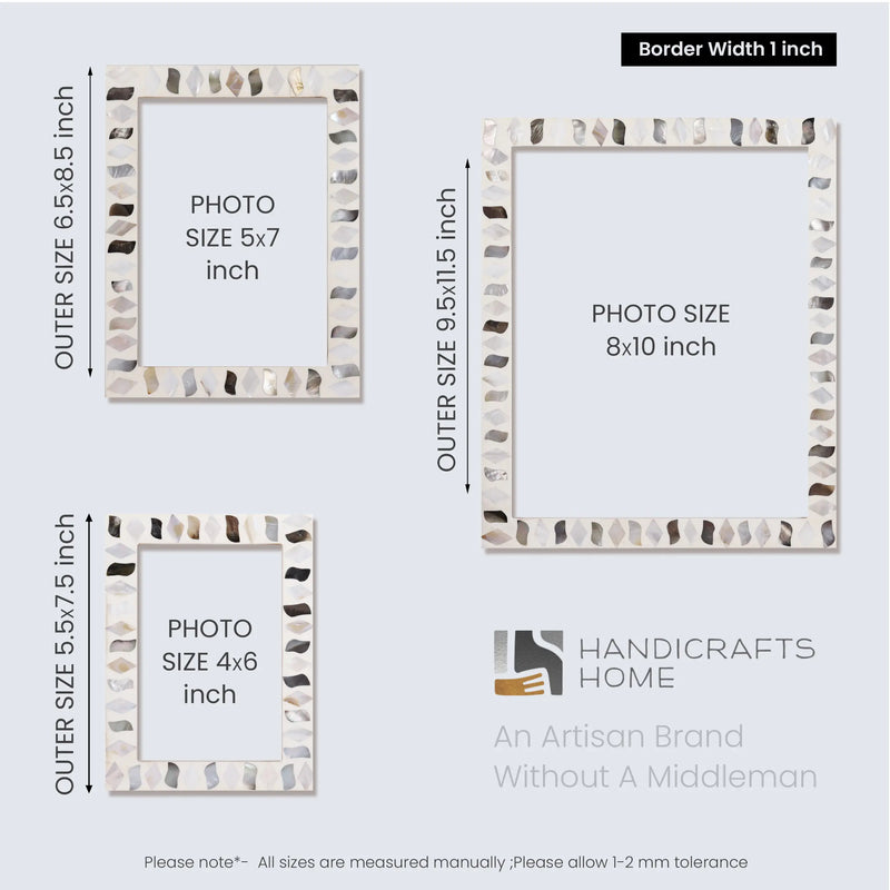 Size Chart for Picture Frames Pearlescent Fossil Collection Mother of Pearl Resin White 3 Sizes