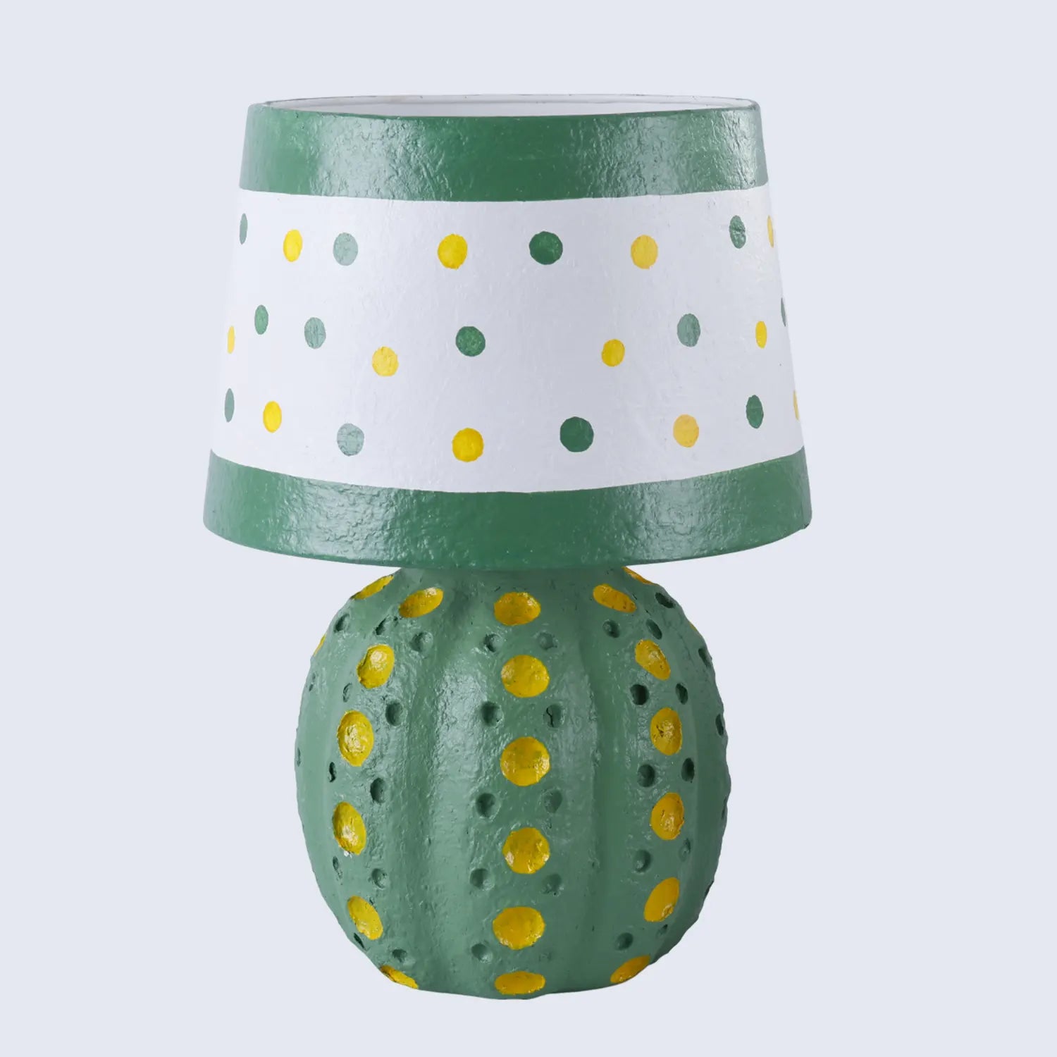 Green Polka Dot Table Lamp – Handcrafted Paper Mache Accent Lamp