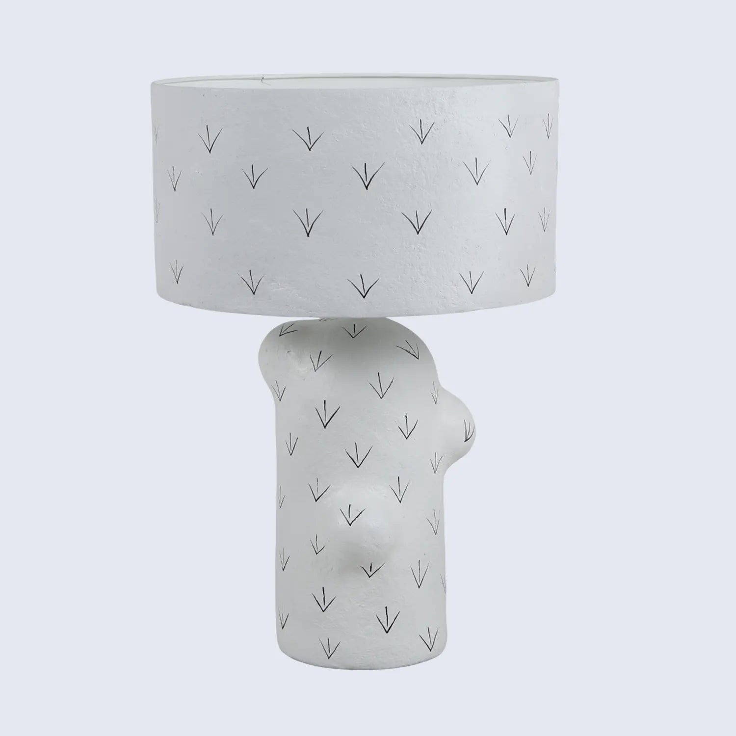White Sculptural Paper Mache Accent Lamp with Patterned Shade