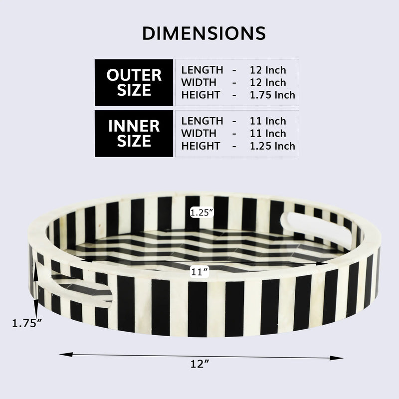 Size Chart for Athens Dinami Round Bone Resin Inlay Decorative Tray B&W 12