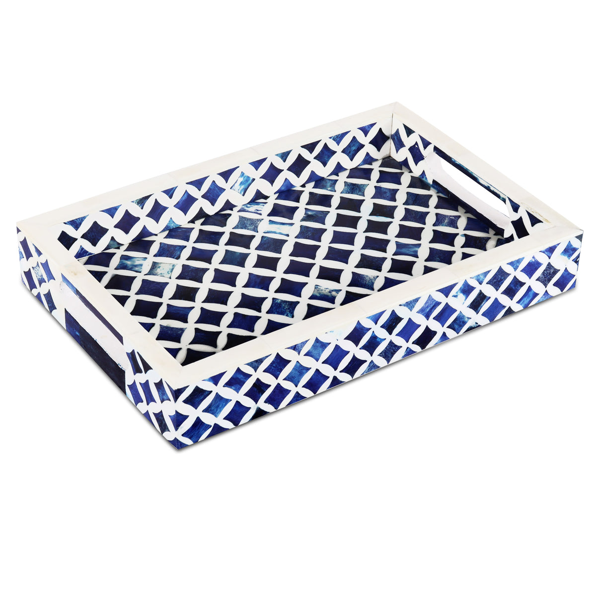 Decorative Tray Indigo Collection Bone & Resin Inlay, Blue & White, 12"x 8"