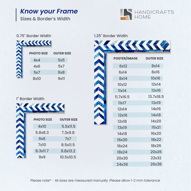 Size Chart for Poster Frames Taj Pattern Bone Inlay Collection, Blue, 4 Sizes
