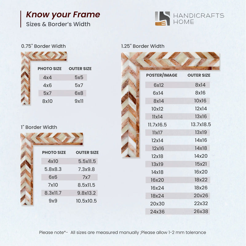 Size Chart for poster frames taj pattern bone inlay collection in 23 sizes brown